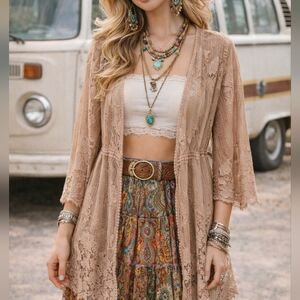 Lace Kimono Cardigan in Tan